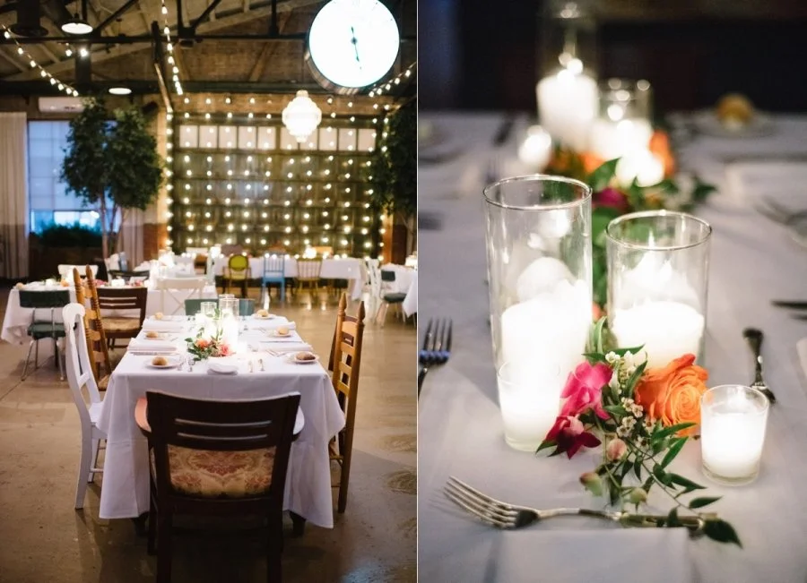 A decorated wedding reception hall with string lights and a large clock, set with tables, chairs, and floral centerpieces; close-up of a table featuring candles, flowers, and silverware.