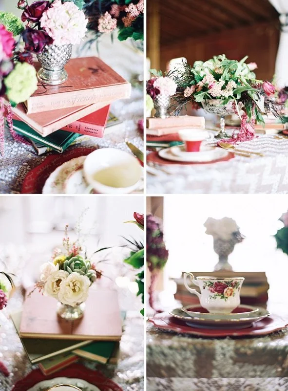 A collage of four images showcasing vintage-style floral table settings and decor. The images include flower arrangements, stacked books with flowers, teacups, and a table with pink and white accents.