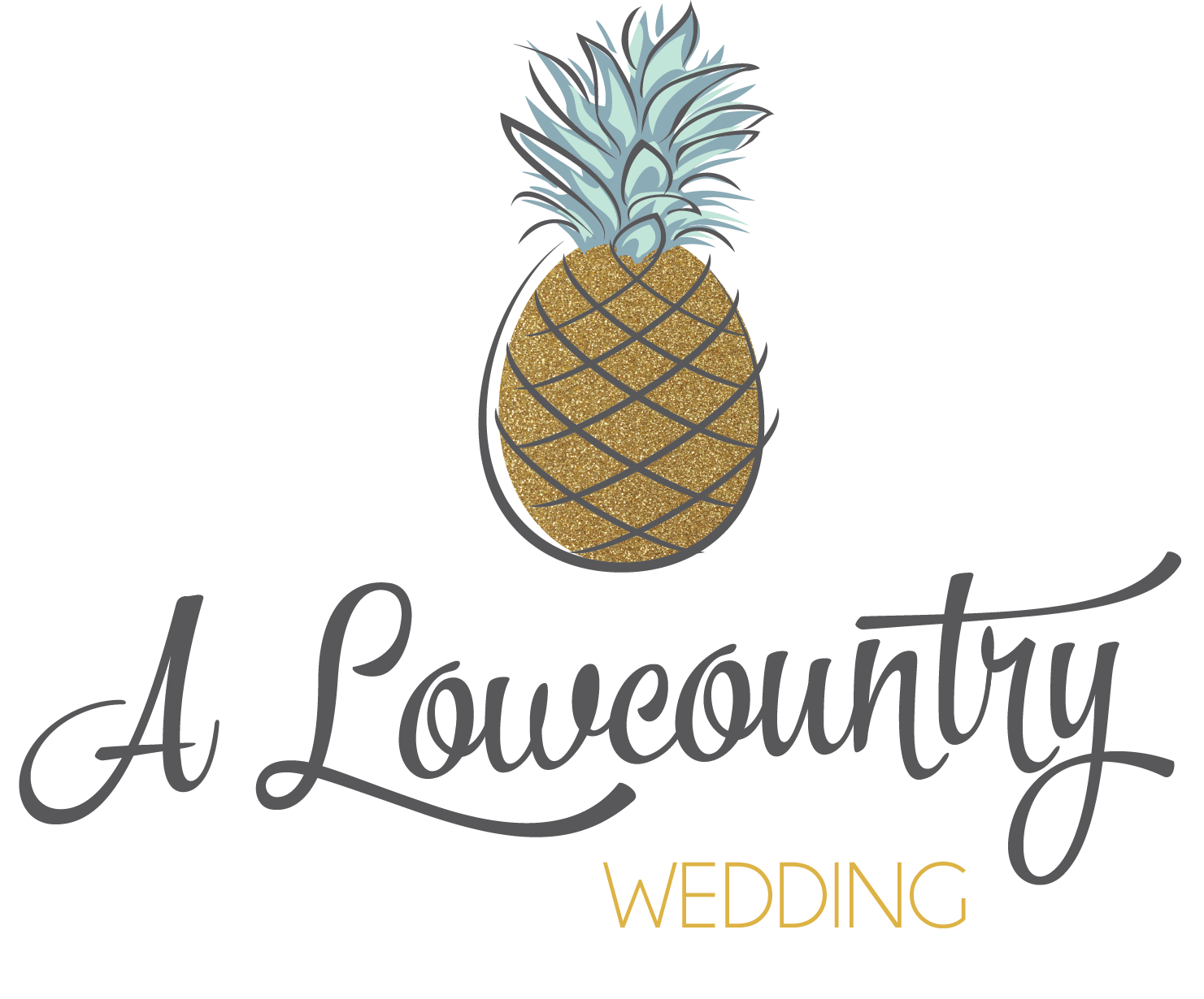 A graphic featuring a glittery gold pineapple with a light blue crown of leaves and the words "A Loveounty" in gray cursive font, and "WEDDING" in gold capital letters below.