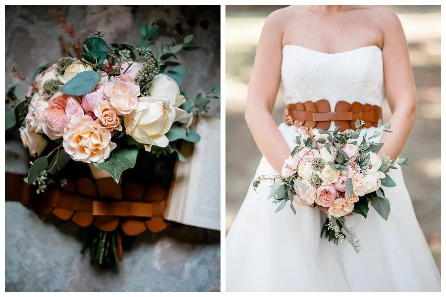 A wedding bouquet with pink and white roses, greenery, and small filler flowers, and a bride holding the bouquet in a white dress with a brown belt.