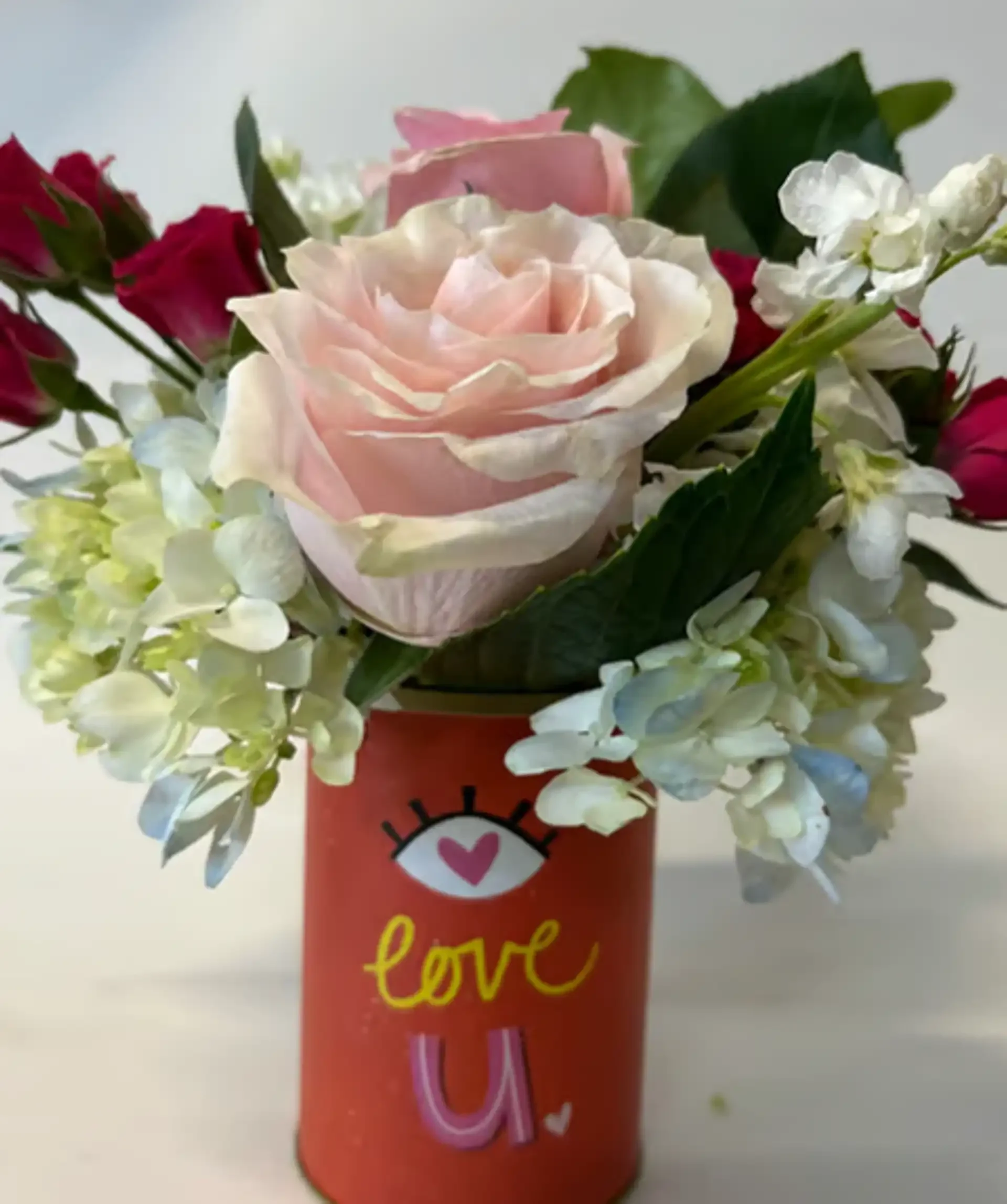 Seasonal Arrangement in Metal Tin with Love Themed Message