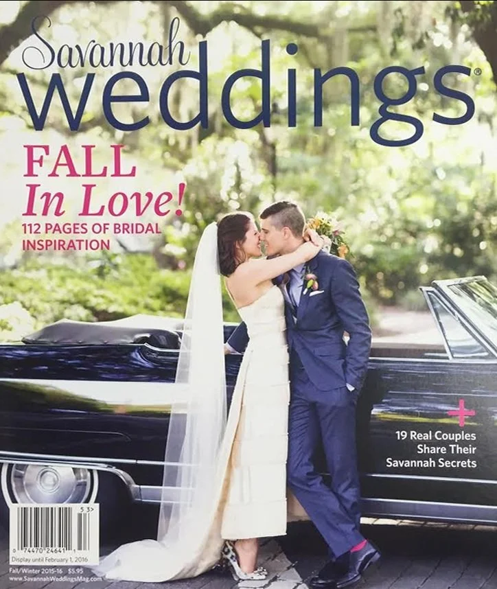Cover of Savannah Weddings magazine featuring a bride and groom sharing a kiss in front of a classic black car in a lush outdoor setting. The magazine highlights fall wedding inspiration and secret stories of 19 couples.