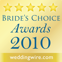 Bronze, silver, and gold stars above the text 'Bride's Choice Awards 2010' with the website weddingwire.com at the bottom.