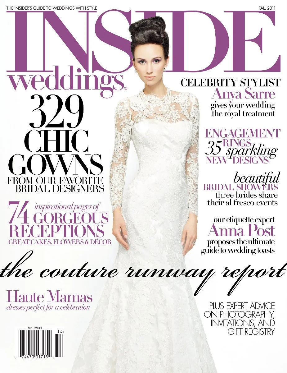 Cover of Inside Weddings magazine, Fall 2011 issue, featuring a woman in a lace wedding gown with an updo hairstyle, standing against a white background with purple and black text about wedding fashion and planning.