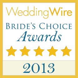 WeddingWire Bride's Choice Awards 2013 with five gold stars on a white background and gold border