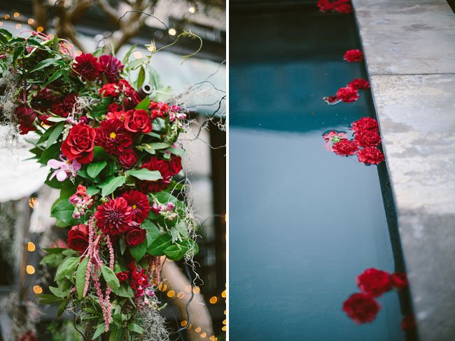 Left: Hanging floral arrangement with red roses, pink flowers, and greenery. Right: Poolside with red flower petals floating on the water.