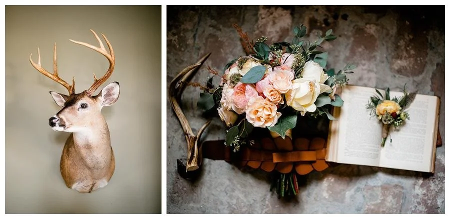 Deer head taxidermy mount, set against a plain background, and a flat lay of a bouquet of pink and white roses and greenery, a pair of antlers, and an open book with a small floral arrangement on the page.