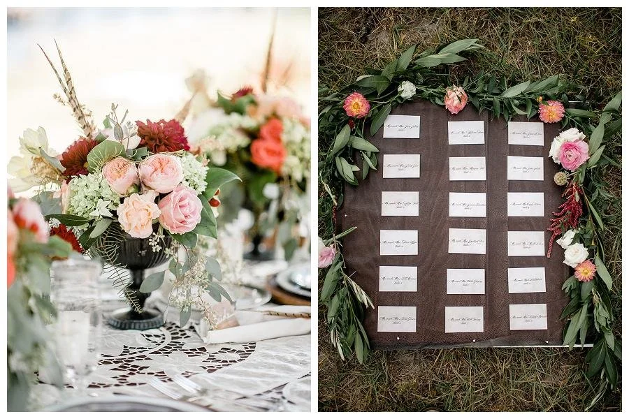 Left side shows a floral centerpiece with pink, white, and red flowers in a dark vase on a table with a lace tablecloth. Right side shows a seating chart with white labels on brown paper, decorated with green leaves and pink and white flowers, laid o
