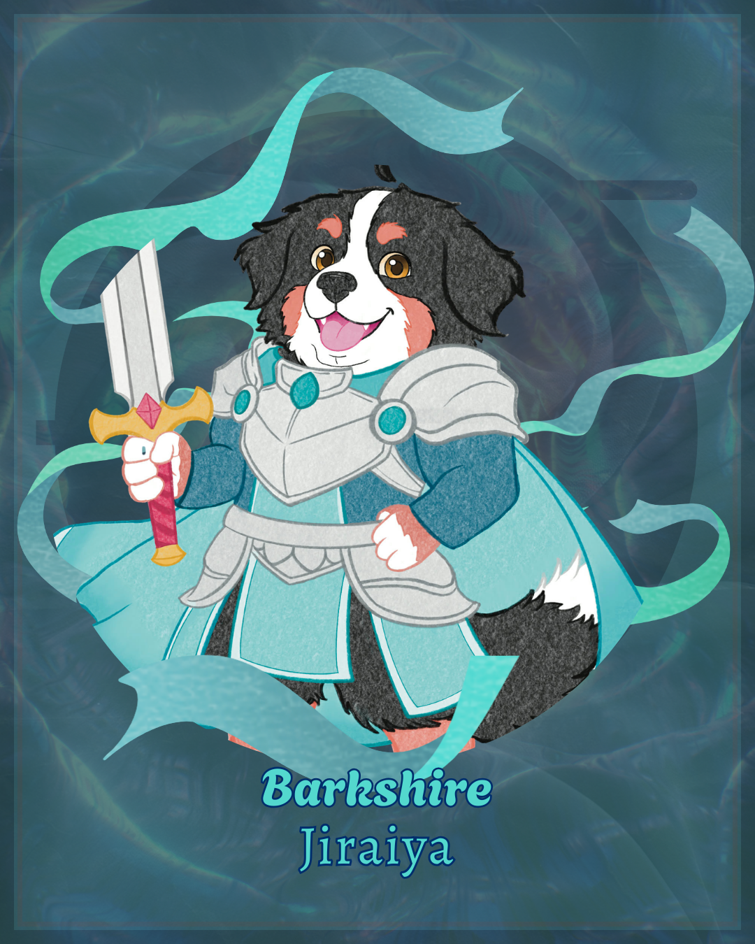 An animated cartoon dog dressed as a medieval knight, holding a sword. The dog has black, white, and brown fur, and is wearing light blue armor with a matching cape. The background features swirlingpatterns and the text "Barkshire Jiraiya" at the bottom.