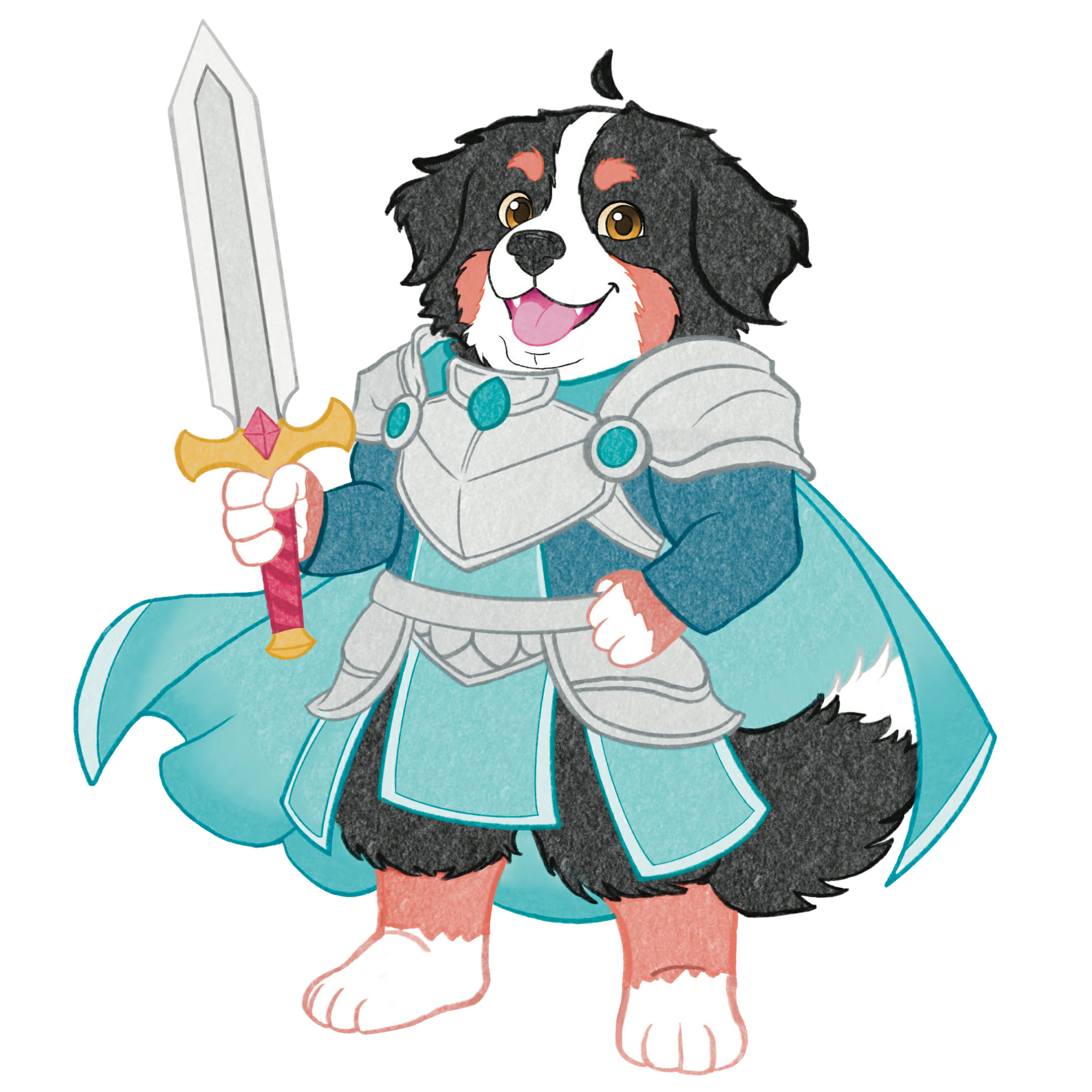 Illustration of a cheerful Bernese Mountain Dog dressed as a knight, holding a sword, with a red shield in the background. Jiraiya the Knight Dream Aether Chronicles