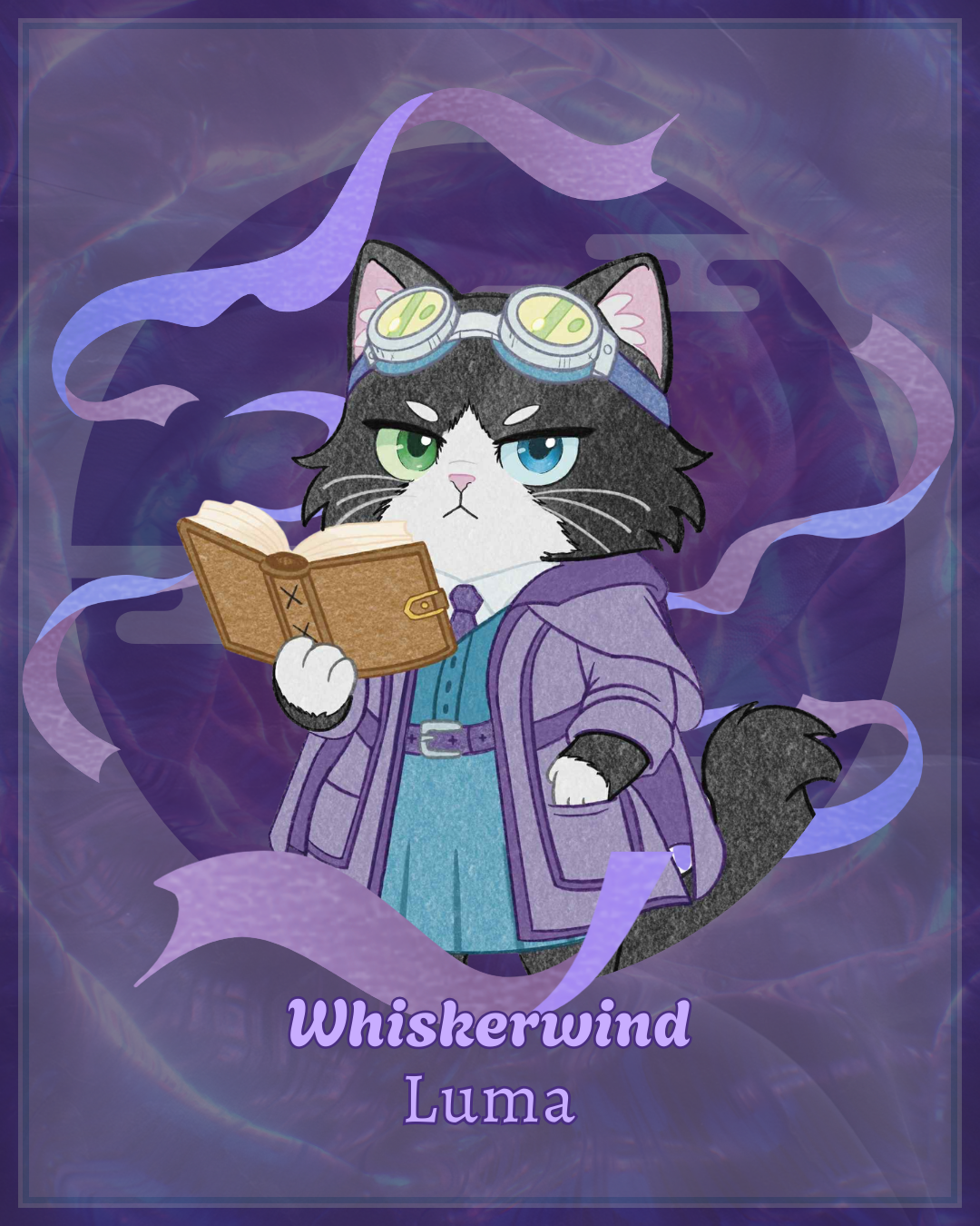 Illustration of a serious black and white cat wearing goggles, a purple coat, and holding a book, with a swirling purple and blue mystical background. Text reads 'Whiskerwind Luma'.