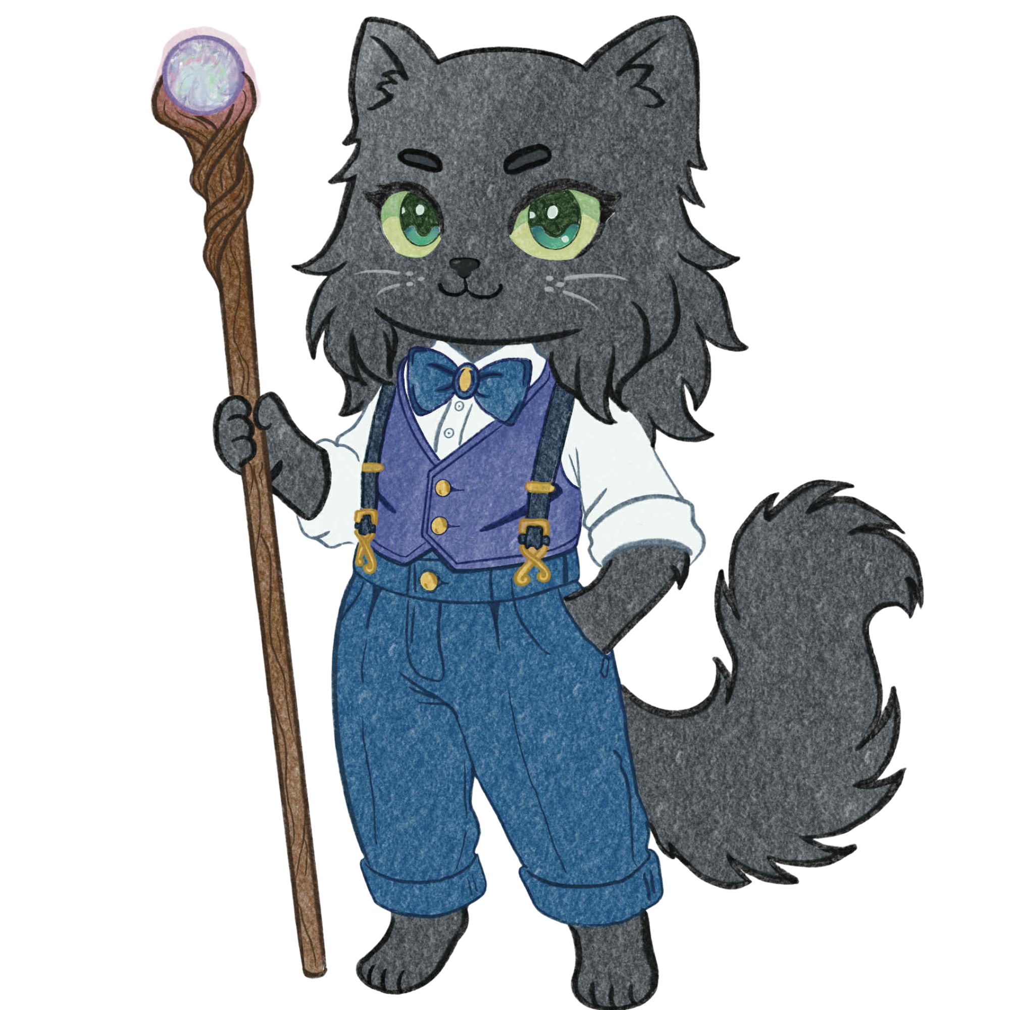 A cartoon-style anthropomorphic gray cat with green eyes, dressed in vintage formal attire, holding a wooden staff with a glowing orb, wearing a white shirt, blue vest, bow tie, and suspenders. Layla the Wizard Dream Aether Chronicles