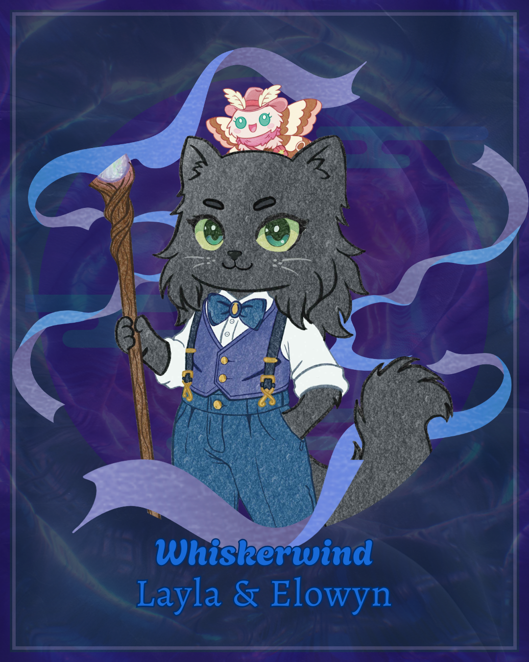 An animated illustration of a gray anthropomorphic wolf dressed in vintage clothing, holding a staff, with a small winged creature sitting on its head. The background has swirling purple and blue patterns with the text 'Whiskerwind Layla & Elowyn' at the bottom.