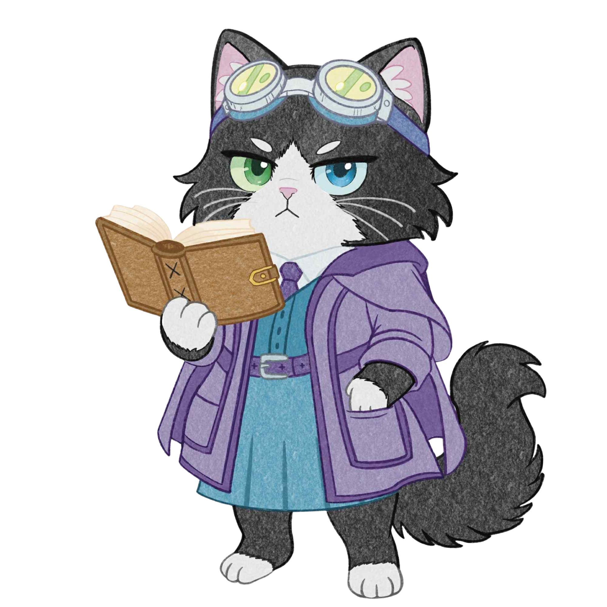 Illustration of a black and white cat with heterochromatic eyes wearing goggles, a purple coat, a blue dress, and holding a brown book. Layla the Artificer Dream Aether Chronicles