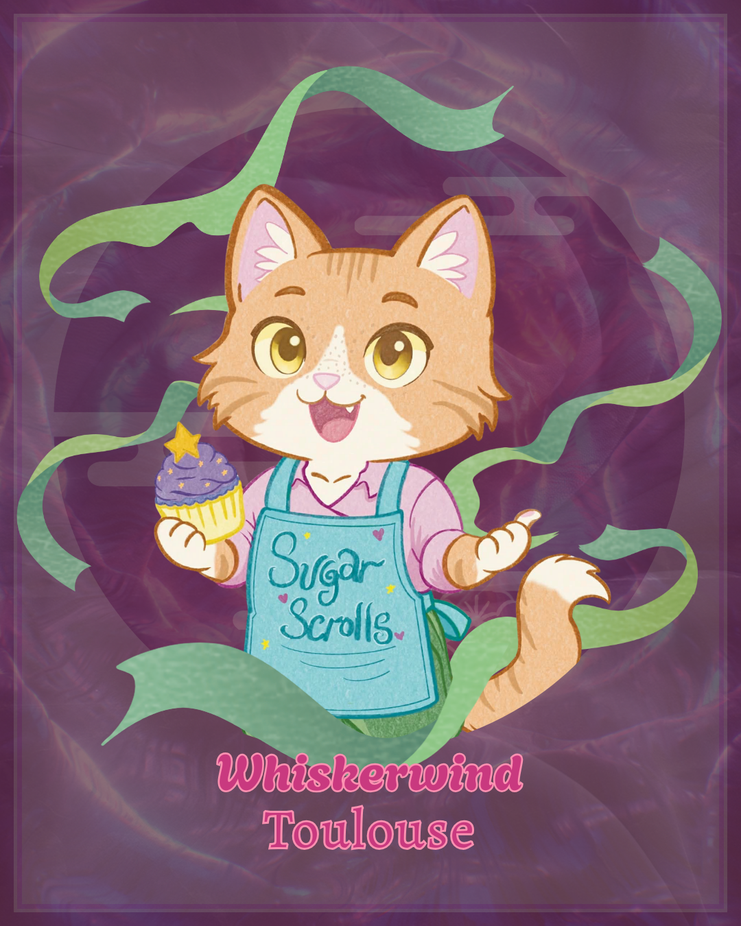 Animated cat mascot wearing an apron that says "Sugar Scrolls," holding a cupcake with purple frosting and a star topper, with swirling green ribbons around. Text at the bottom reads "Whiskerwind Toulouse."