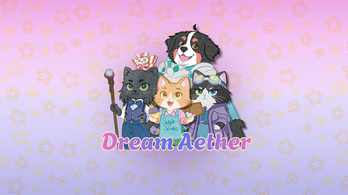 Four animated animal characters dressed in fantasy and wizard costumes standing together, with a pink and purple starry background, and the words 'Dream Aether' at the bottom. Dream Aether Chronicles