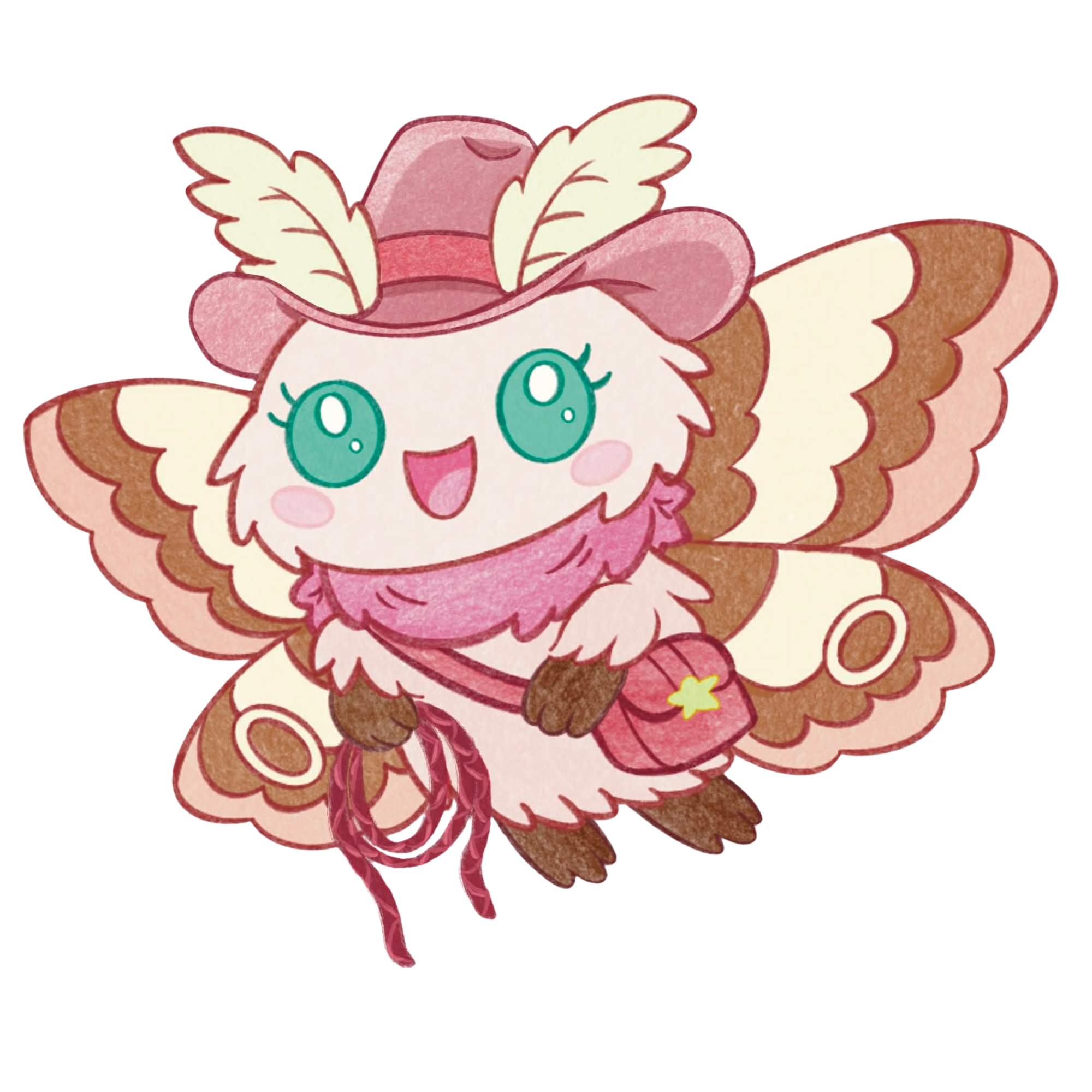 A cute cartoon character resembling a bird with butterfly wings, pink feathers, and a cowboy hat, holding a small bag. Elowyn the Barbarian Dream Aether Chronicles