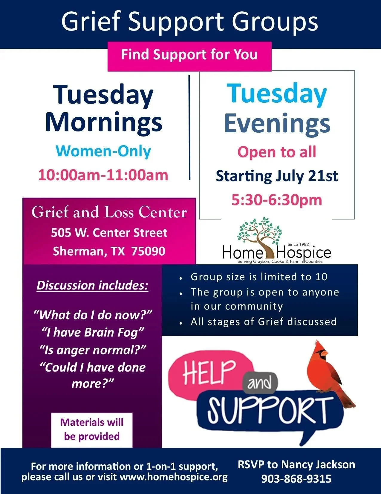 Flyer for Grief Support Groups at the Grief and Loss Center in Sherman, TX