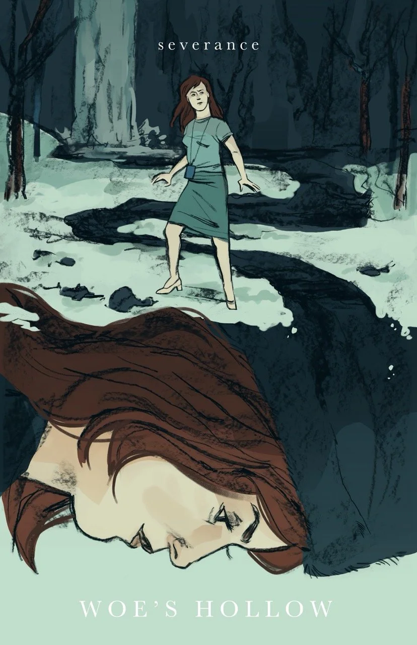 A charcoal and digital illustration of Helly R. from Severance standing confused in a snowy landscape with a waterfall and river behind her. Below her, the river morphs into a profile portrait of Helena Eagan.
