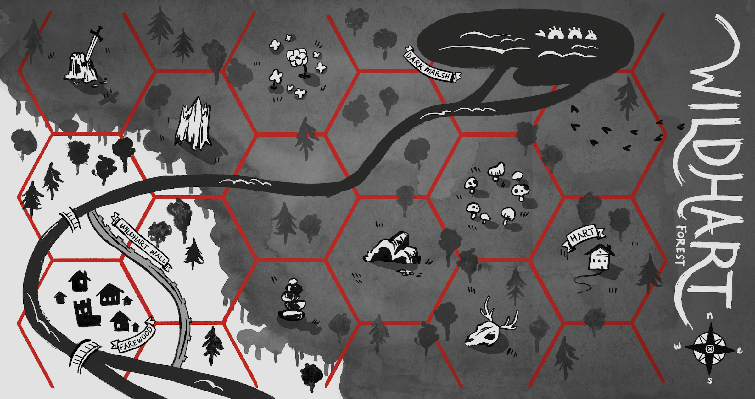 An illustrated hex map of Wildhart forest featuring a marsh, river, and town among the trees, and illustrated symbols such as a fairy circle and a sword in a stone. Grayscale and red.