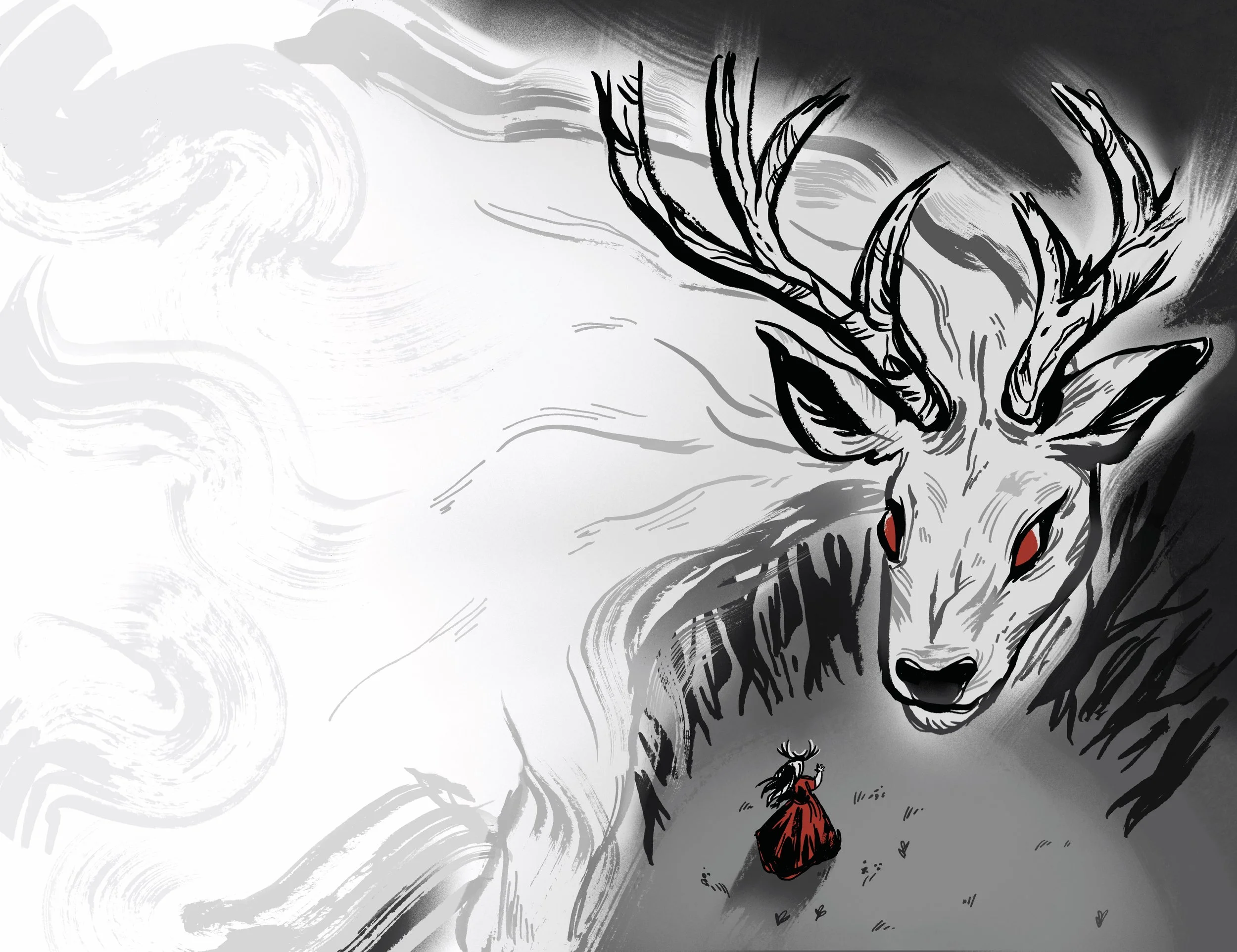 An ink and digital illustration of a massive, ghostly stag twisting around to look at a tiny figure in a red dress, surrounded by forest. Grayscale and red.