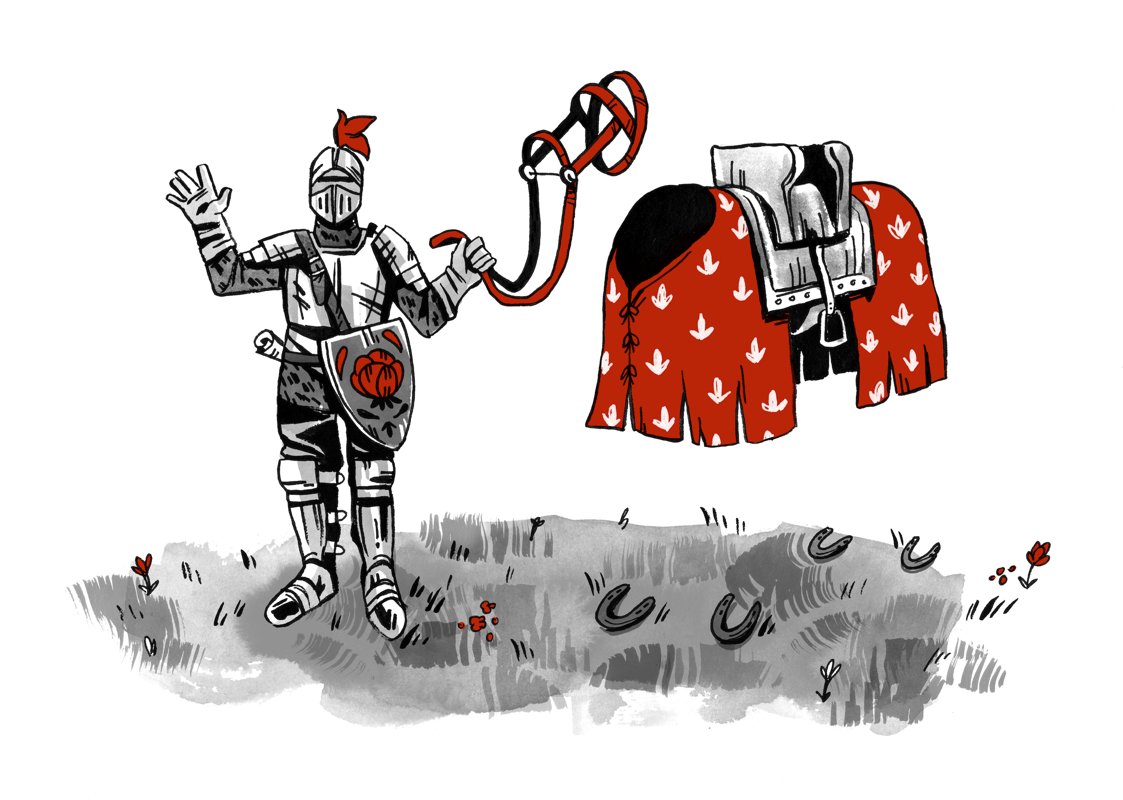 An ink and digital spot illustration of an armored knight waving at the viewer. He holds the reins of a ghost horse, which is just a floating blanket, saddle, reins, and horseshoes. They stand on grass with flowers. Grayscale and red.