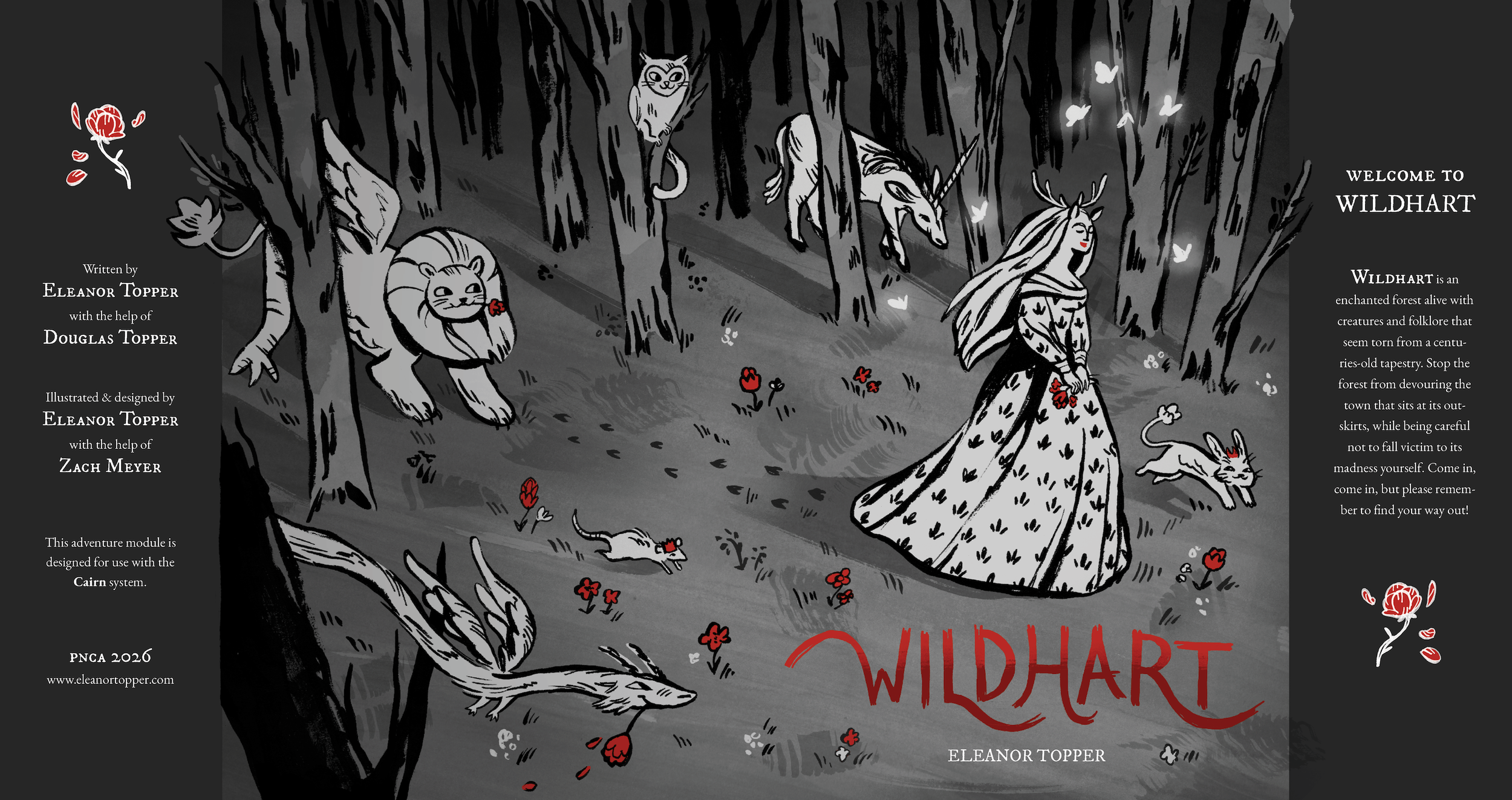 A wrap-around Wildhart dust jacket illustration featuring a girl in a patterned gown walking through a forest, leading a procession of whimsical creatures including a griffin, a dragon, and a unicorn. Grayscale and red.