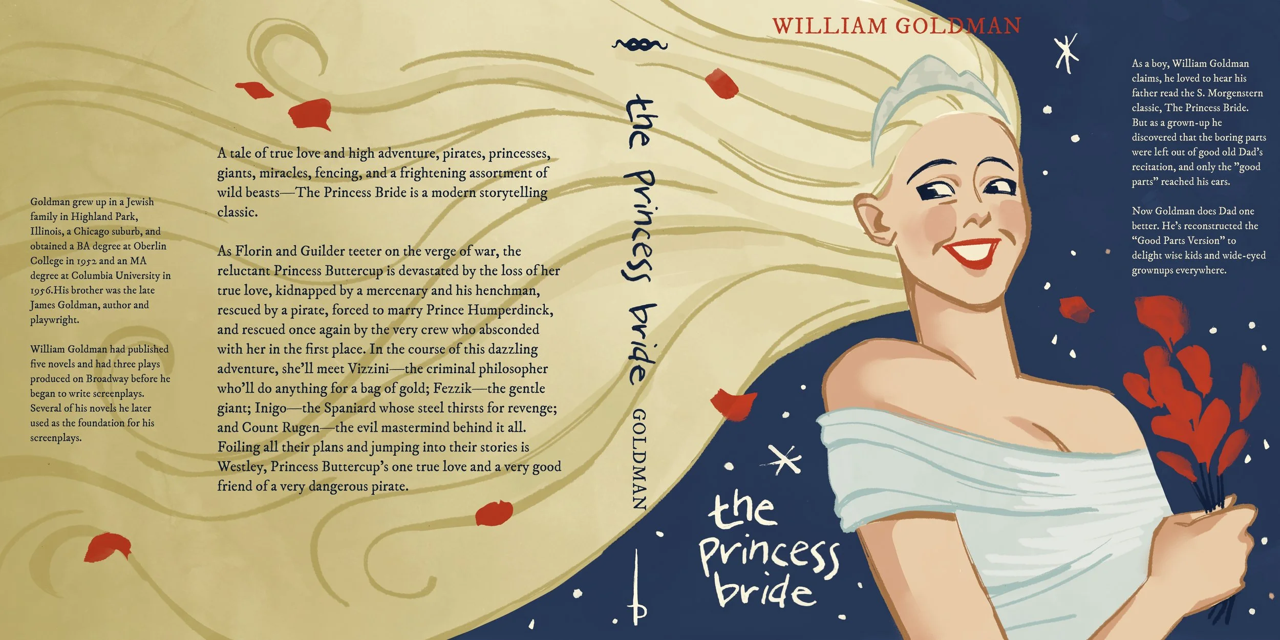 A dust jacket illustration of Princess Buttercup from The Princess Bride. She holds red flowers and her blonde hair spans the back half of the composition.