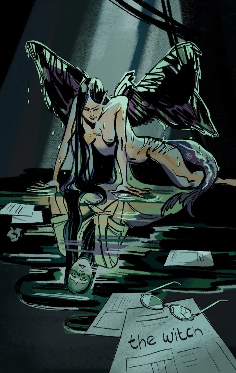 A digital illustration of a nude woman with a fish tail and bird wings crouching over a puddle, which reflects her past self, wearing a lab coat and a terrified expression.