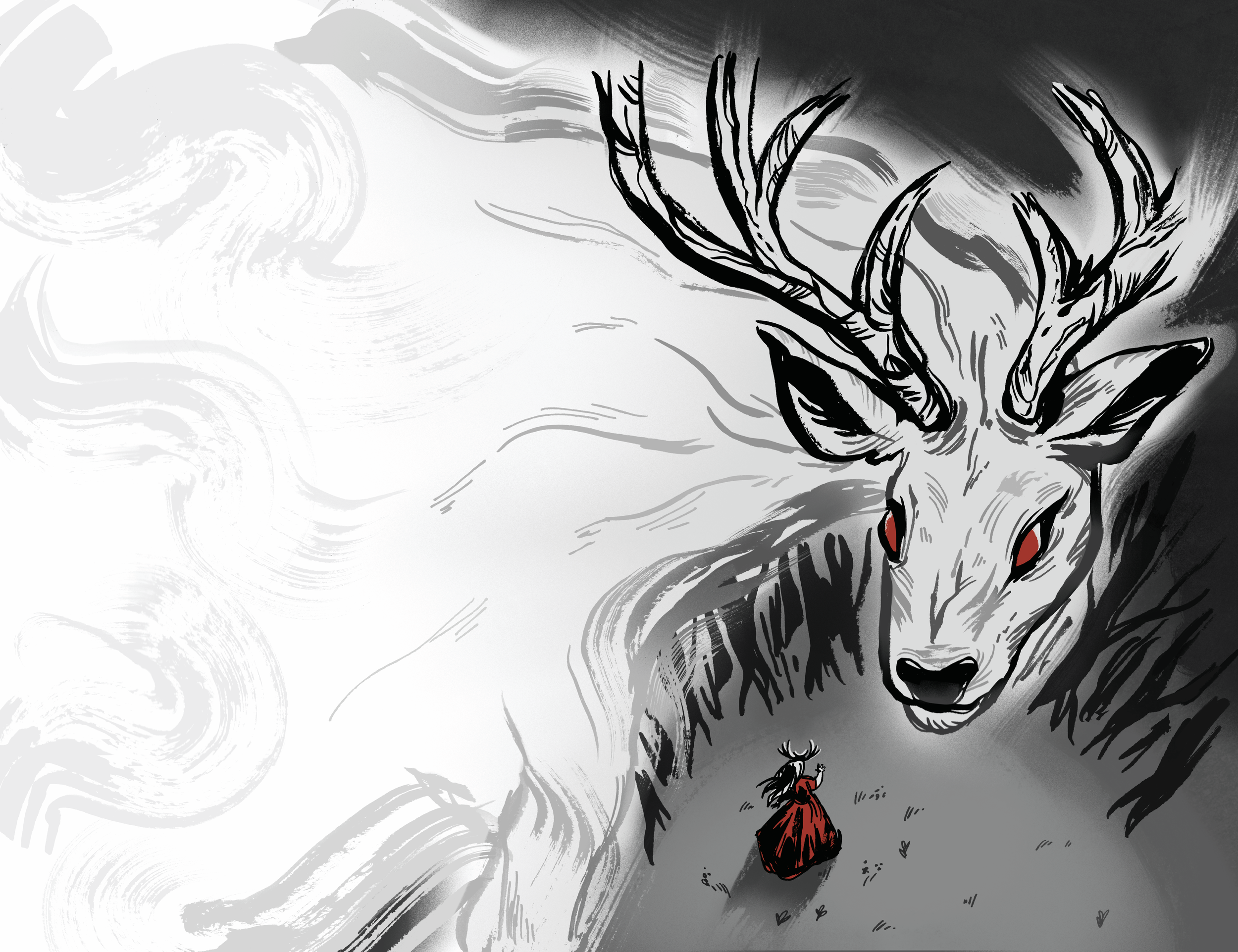 An ink and digital illustration of the bust of a huge, ghostly white stag with red eyes towering over a small human figure in a red dress. The stag glows and lights up the forest surrounding the figures. Grayscale and red.