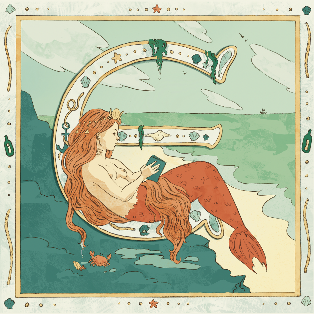 A graphite and digital illustration of a red-haired mermaid lounging on the bottom curve of a dropcap letter E. The foreground has ocean rocks with crabs and the background is a seascape with a boat.