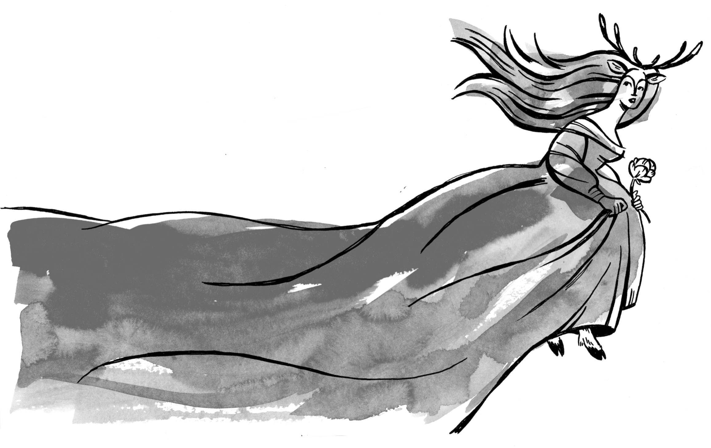 An in-process ink illustration of Lady Ada demonstrating the use of an ink lineplate and ink wash with lowered opacity to create value and texture.