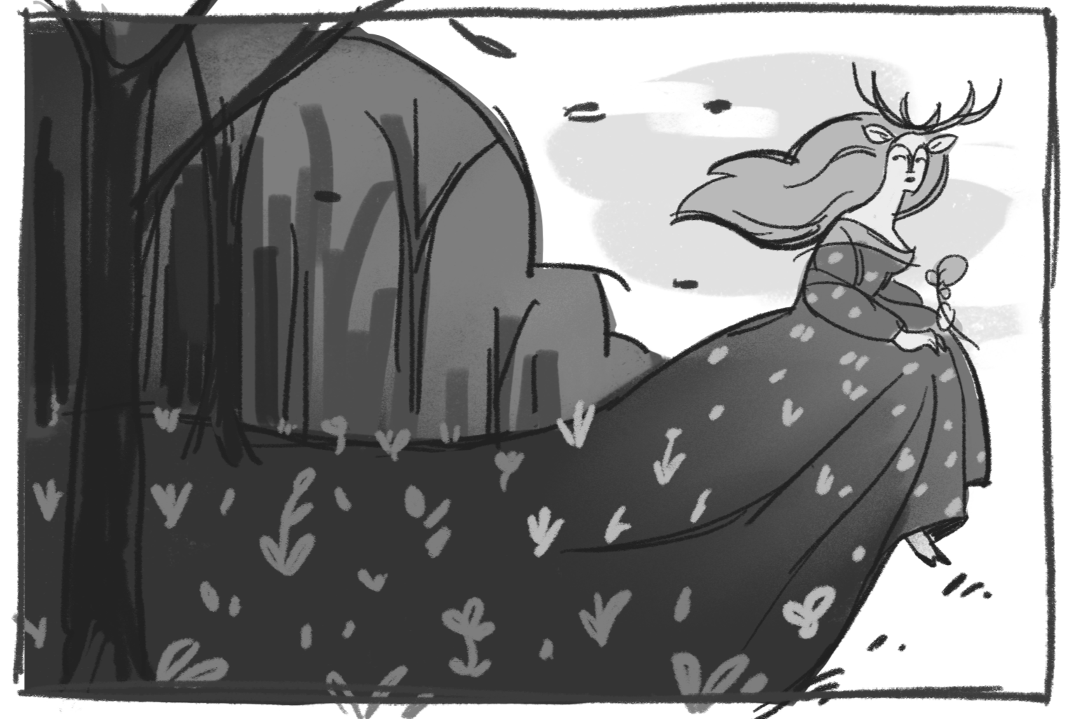 A grayscale digital sketch of a girl with long flowing hair, deer antlers and ears, and hooves runs away from a forest. Her dramatic flower patterned gown turns into the ground behind her.