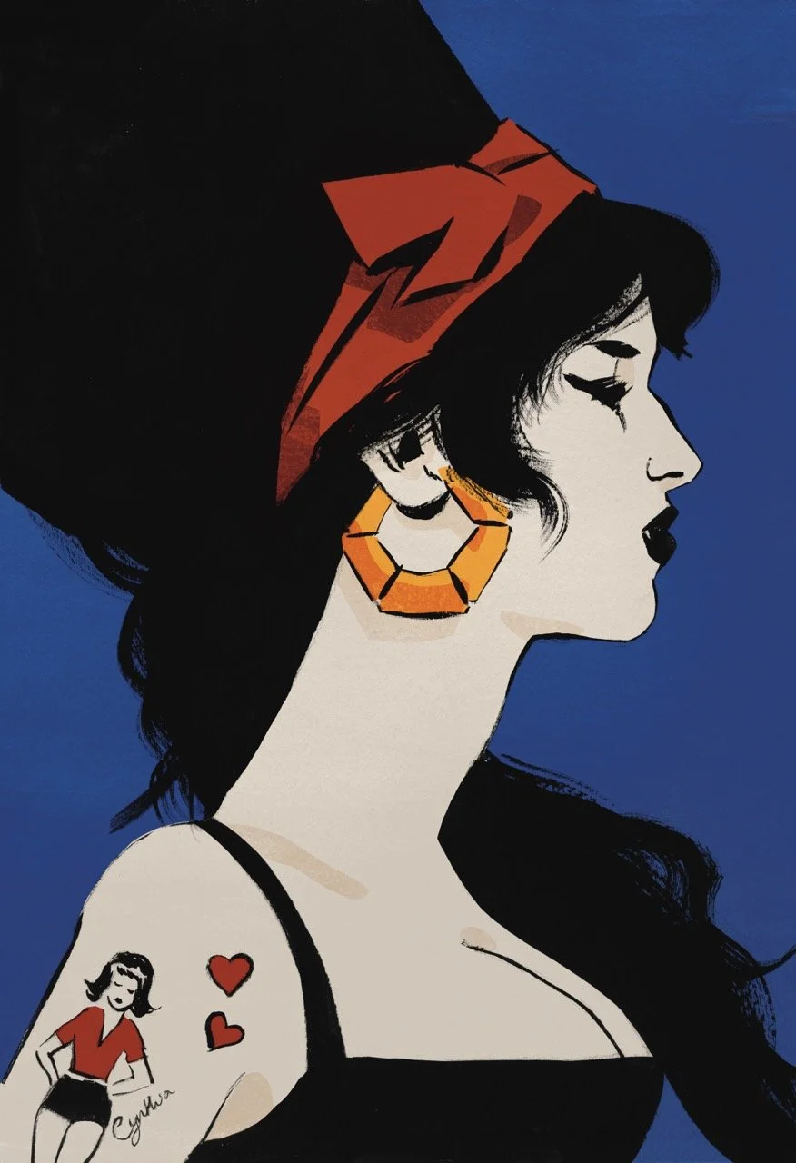 An ink and digital illustration of Amy Winehouse in profile with her iconic hairstyle and a chunky gold hoop, with a dark blue background.