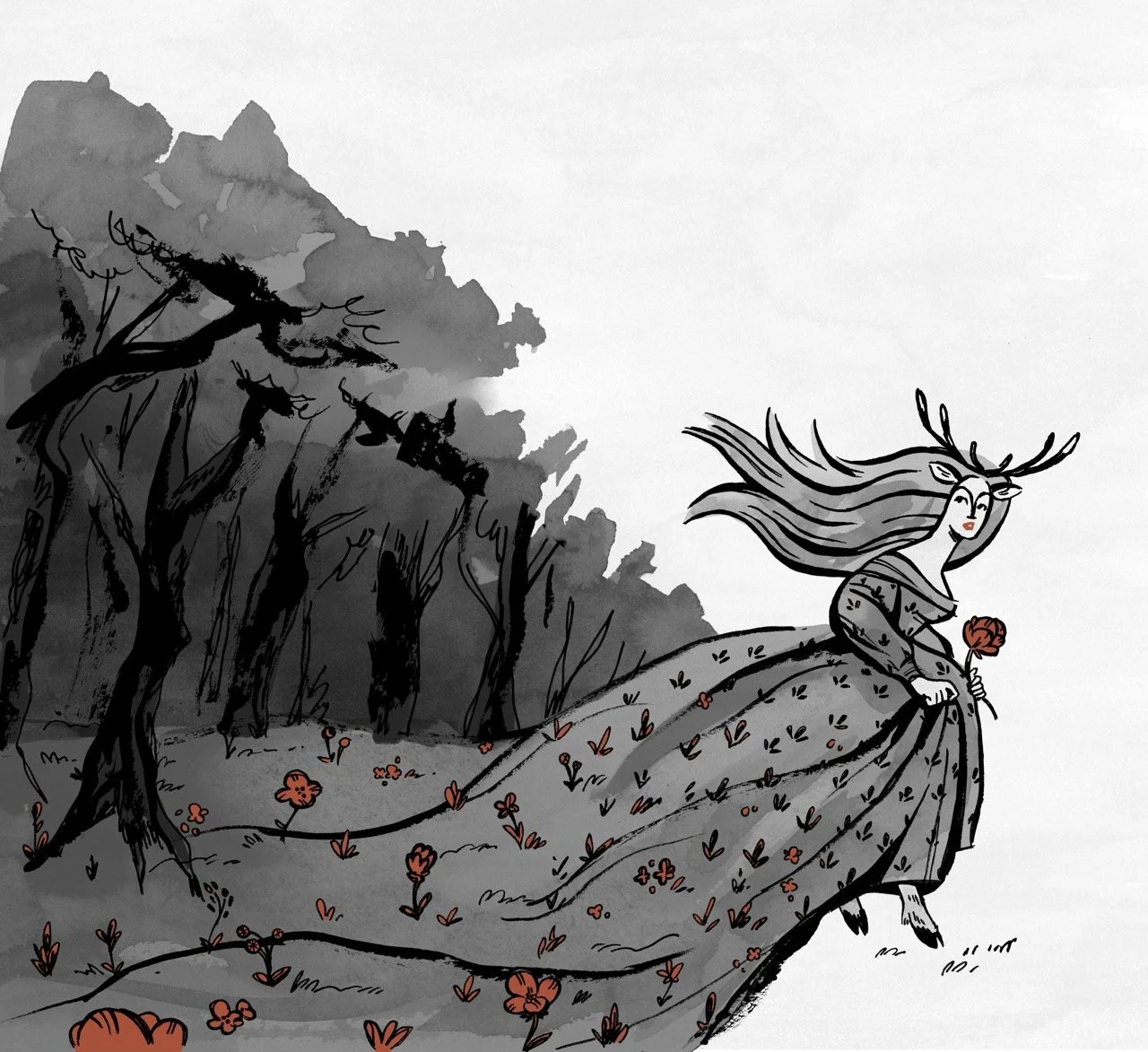 An ink and digital illustration of a girl with long flowing hair, deer antlers and ears, and hooves runs away from a forest. Her dramatic flower patterned gown turns into the ground behind her. Grayscale and red.