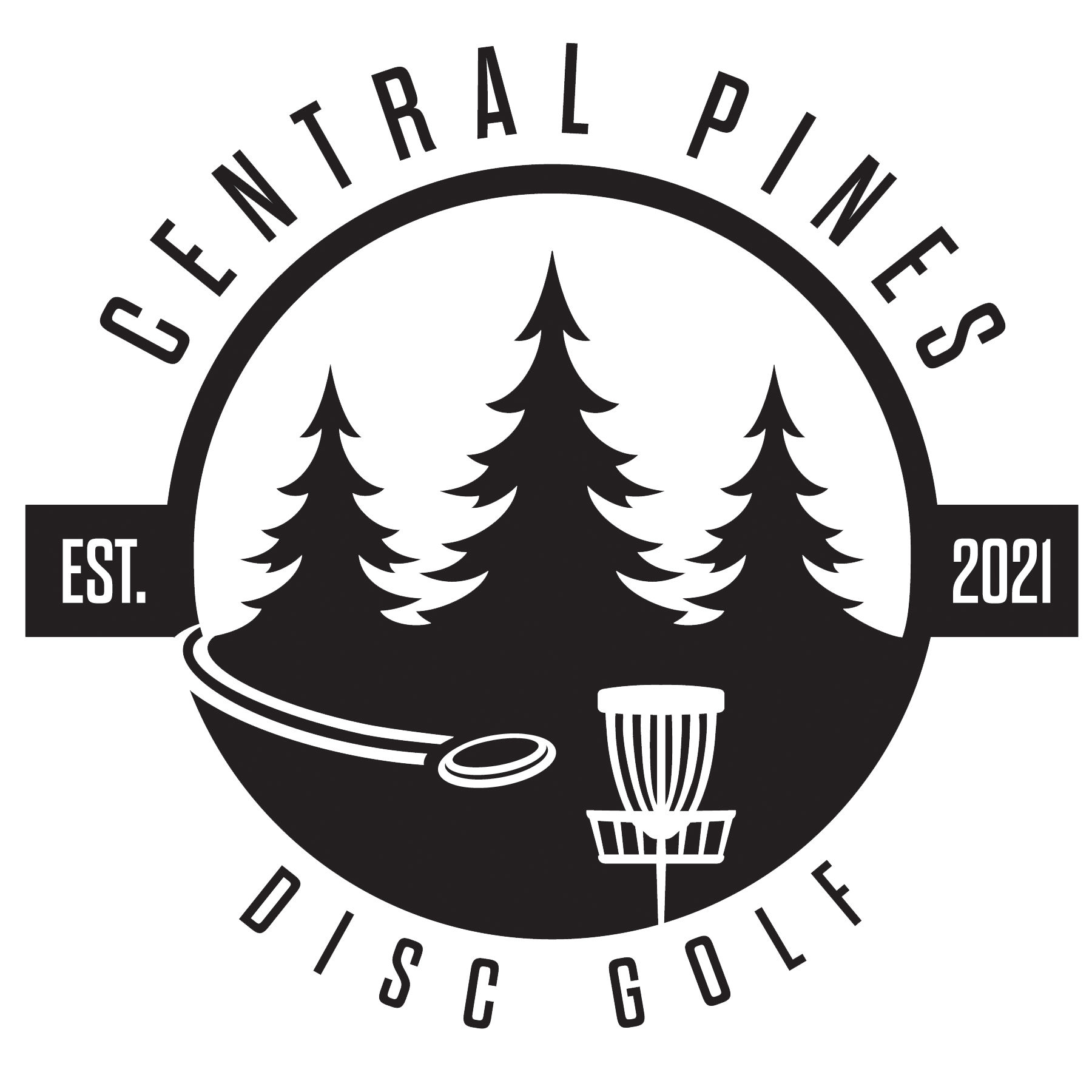A black and white logo featuring stylized pine trees, a hot cup, and a hot dog with the text 'Central Pines' and 'EST. 2021'.