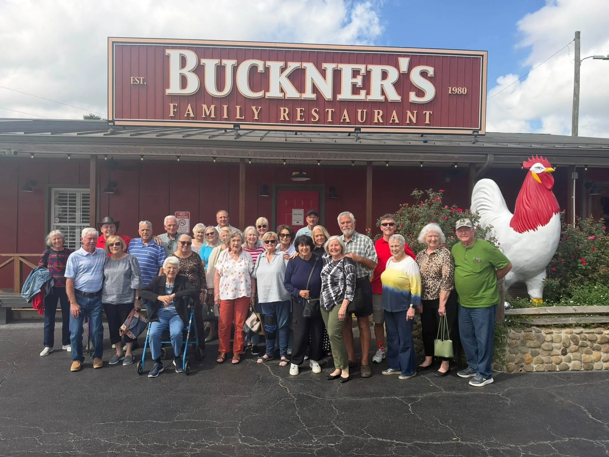 Central Baptist senior adults on a lunch trip in front of Buckner's Family Restaurant