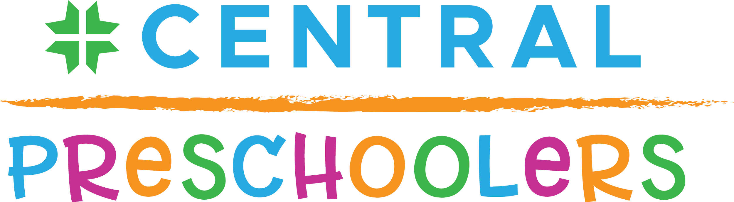 Colorful sign reading "Central Preschools" with a green star and a background of a light sky blue color.