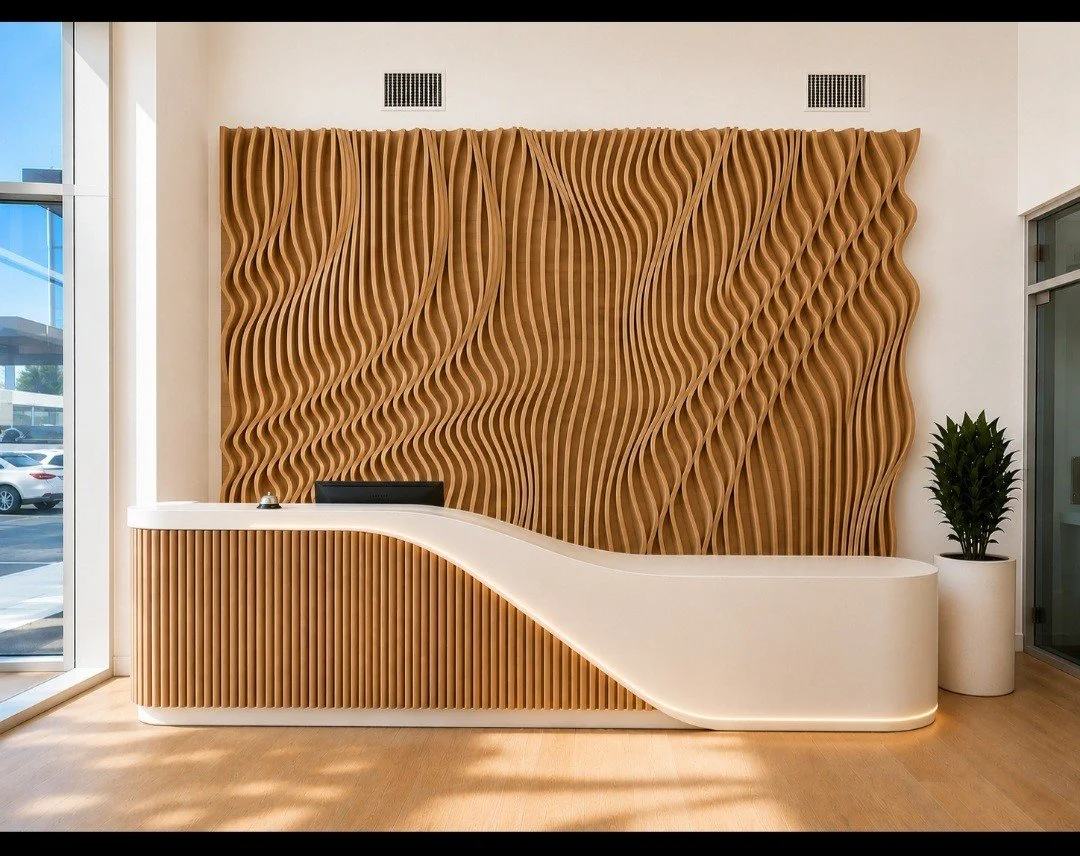 Curved cream reception desk with warm wood detailing and natural light