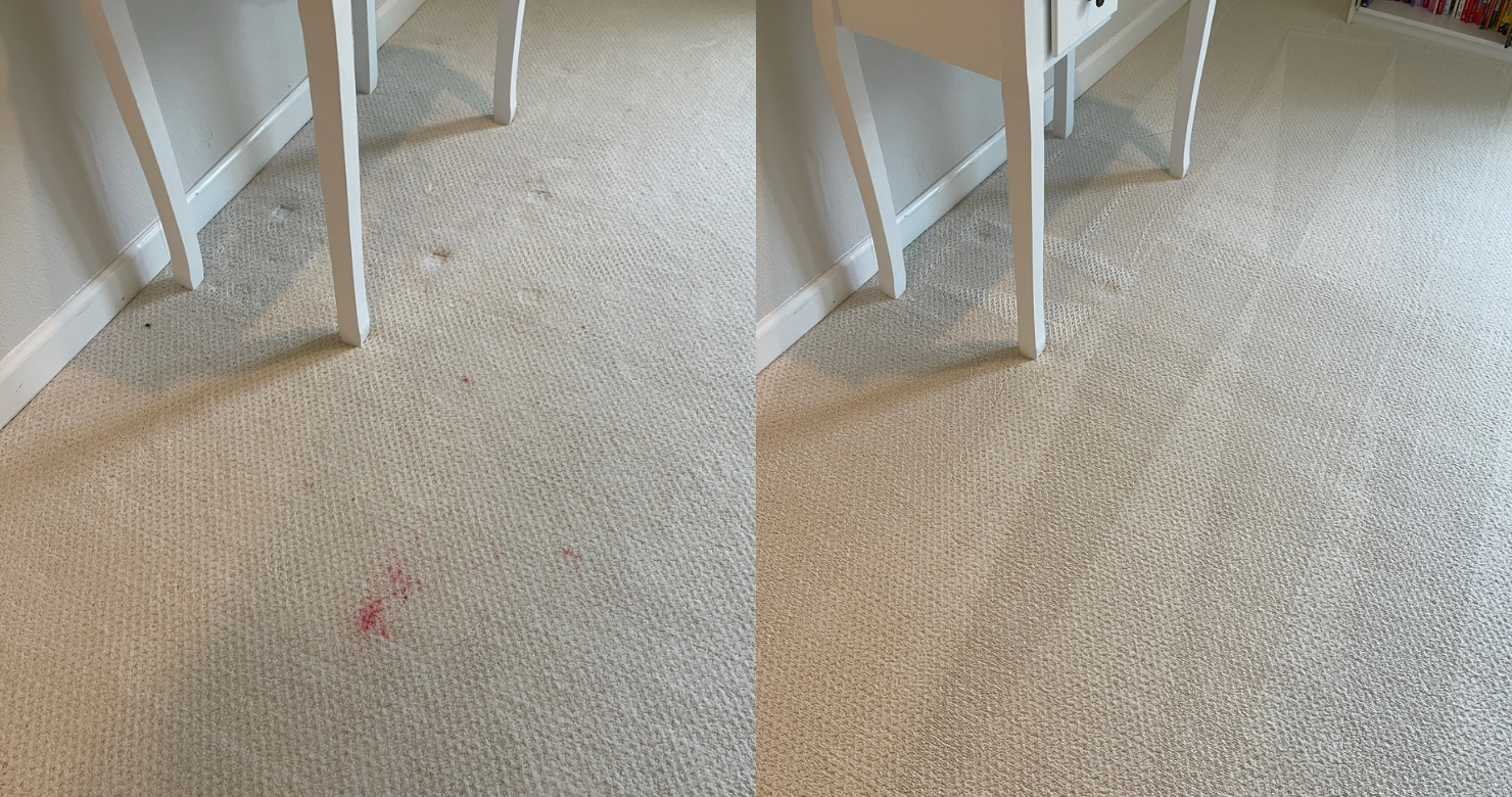 Comparison of a beige carpet with red stains before and after cleaning under a white desk and chair in a room. Before and after carpet cleaning results in a Belgrade Montana living room.