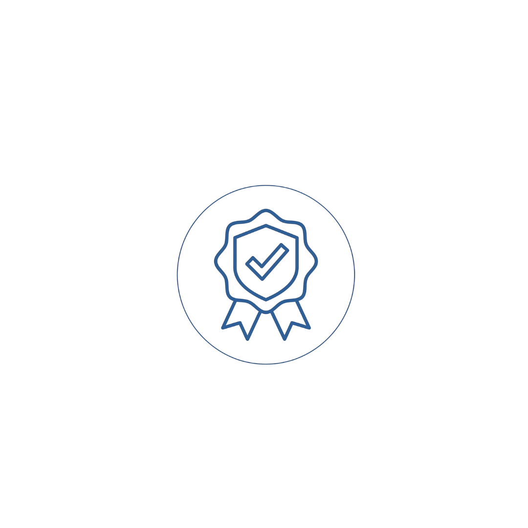 Line drawing of a badge with a checkmark inside, surrounded by a circle, with two ribbons below, symbolizing quality or certification.