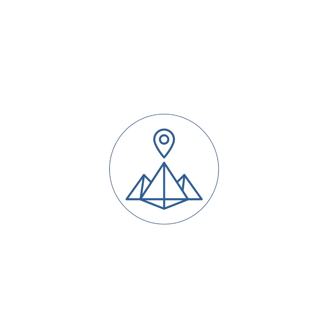 Minimalist line art icon of a mountain with a location pin above it, encased in a circle