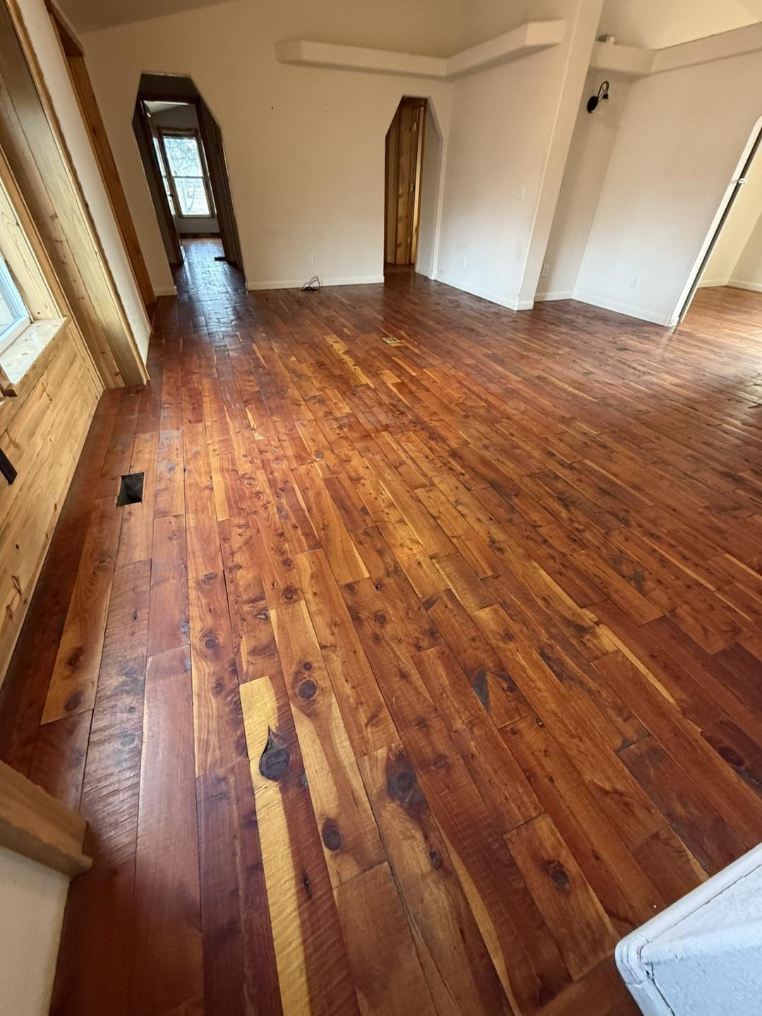 Hardwood floor deep cleaning and polishing in a Bozeman home. Bozeman and Big Sky room with newly refinished hardwood floors, white walls, and wood trim around a window and doorways, with a ceiling light fixture and a floor vent visible.