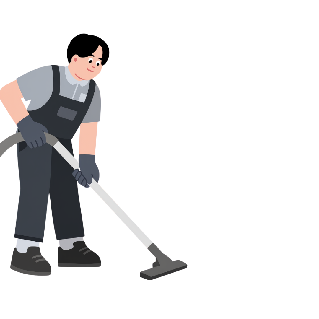 Cartoon of a person vacuuming the floor.