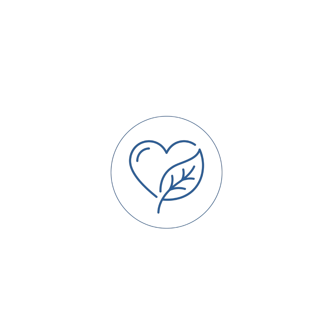 A simple black circle with a blue outline containing a blue line drawing of a heart intertwined with a leaf.