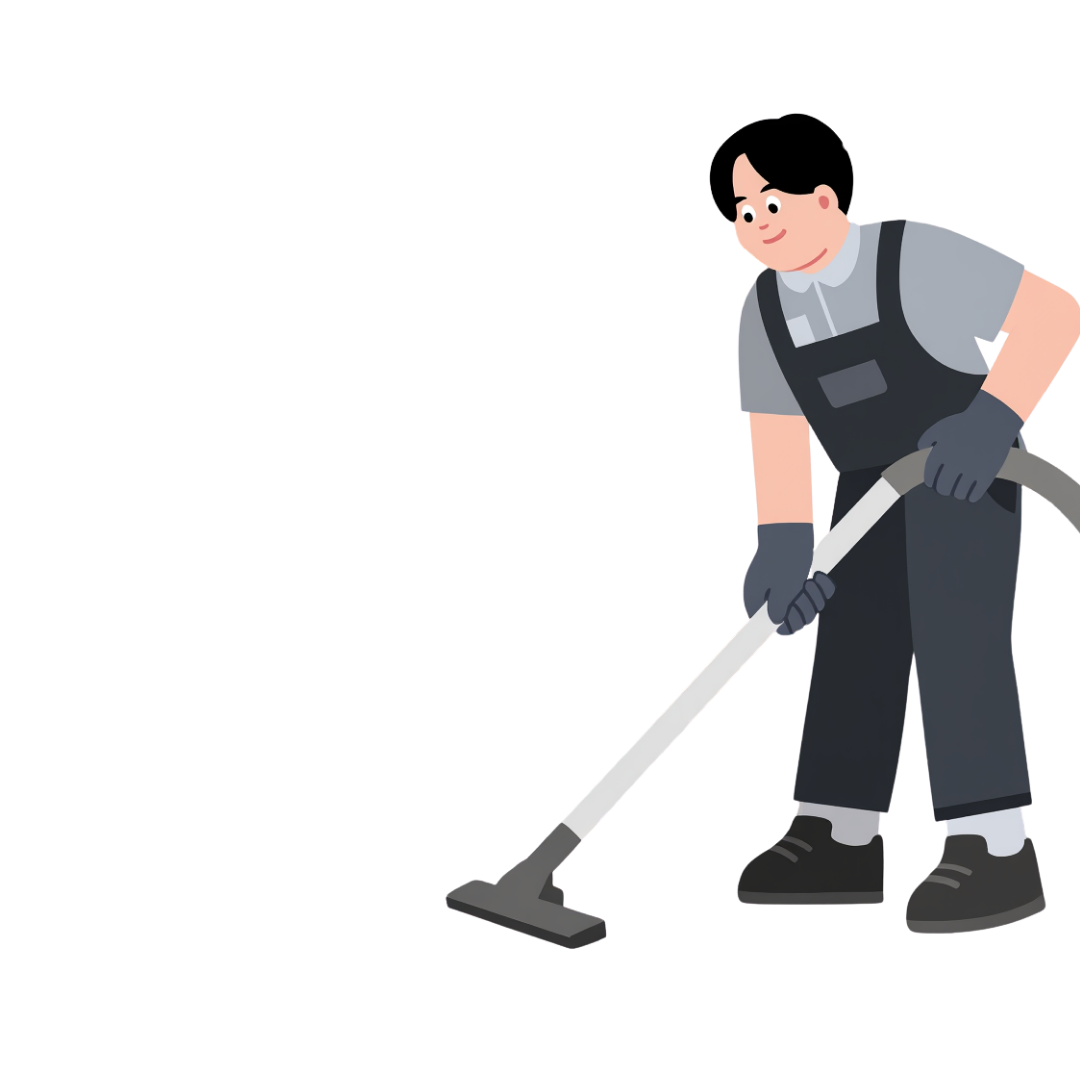 Illustration of a person vacuuming the floor with a vacuum cleaner.