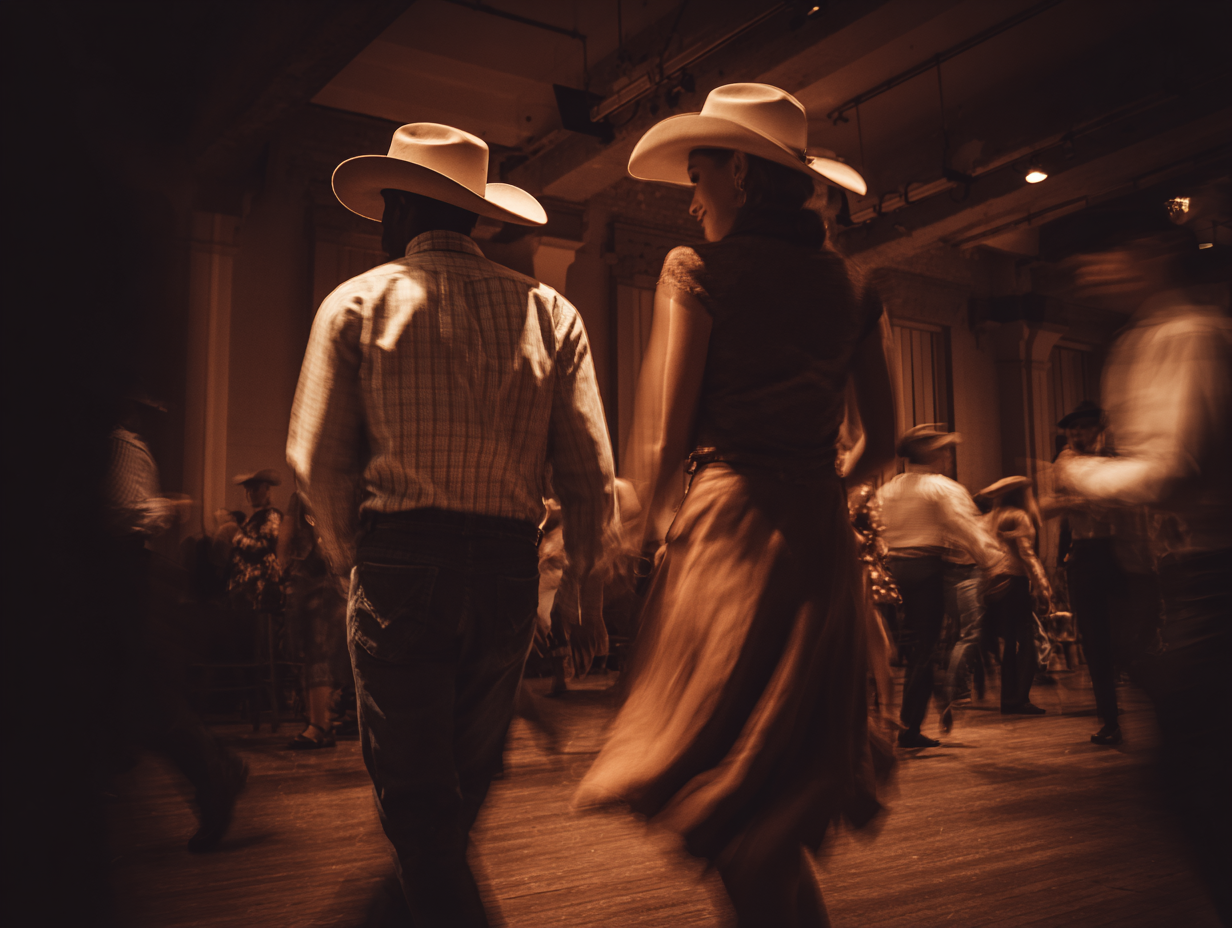 Couple wearing cowboy hats dancing at a country-western event
