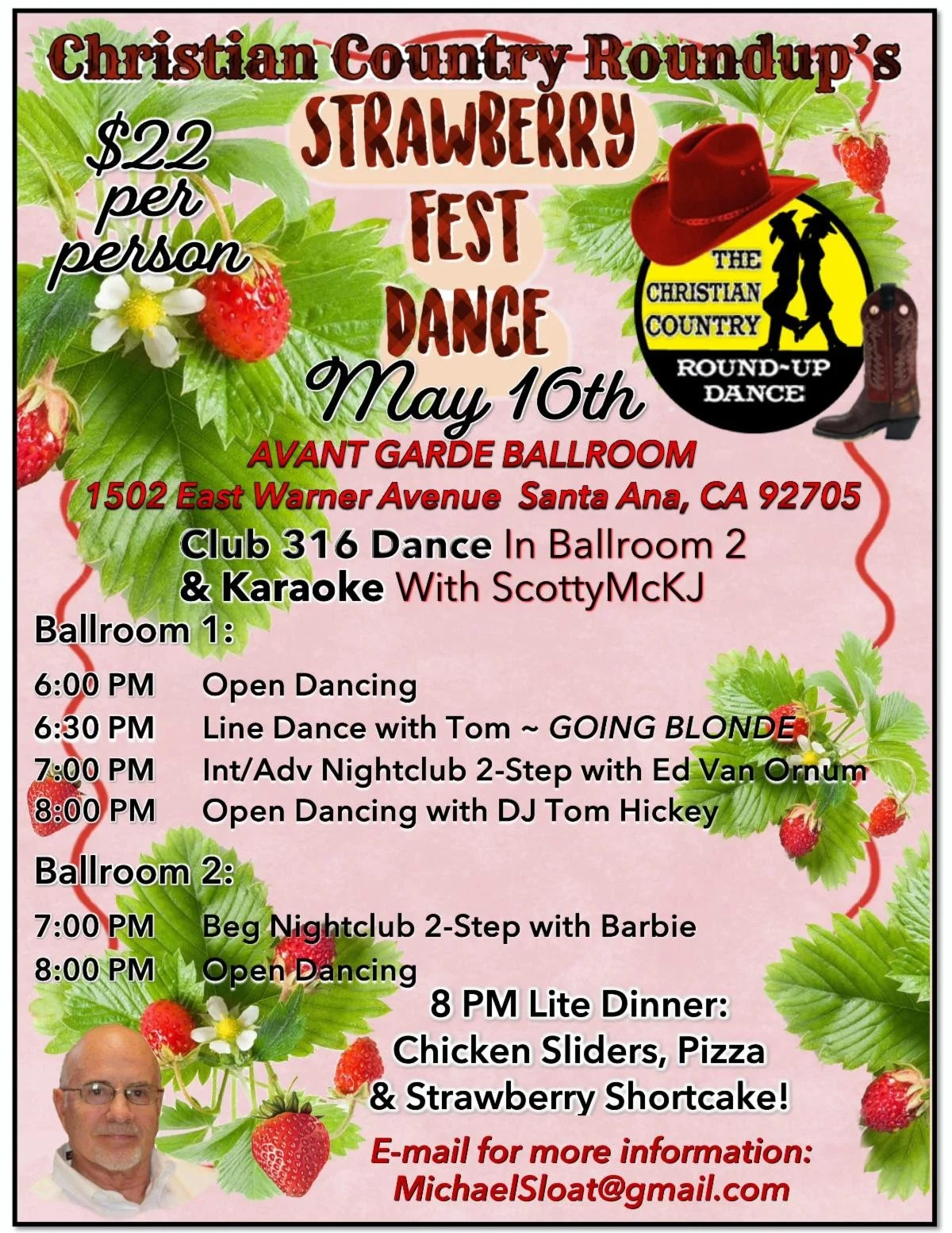 Event poster for the Christian Country Roundup's Strawberry Fest dance on May 16th at Avant Garde Ballroom, Santa Ana, CA. Features details of dance schedules, costume themes, and meal options, with decorative strawberries and leaves background.
