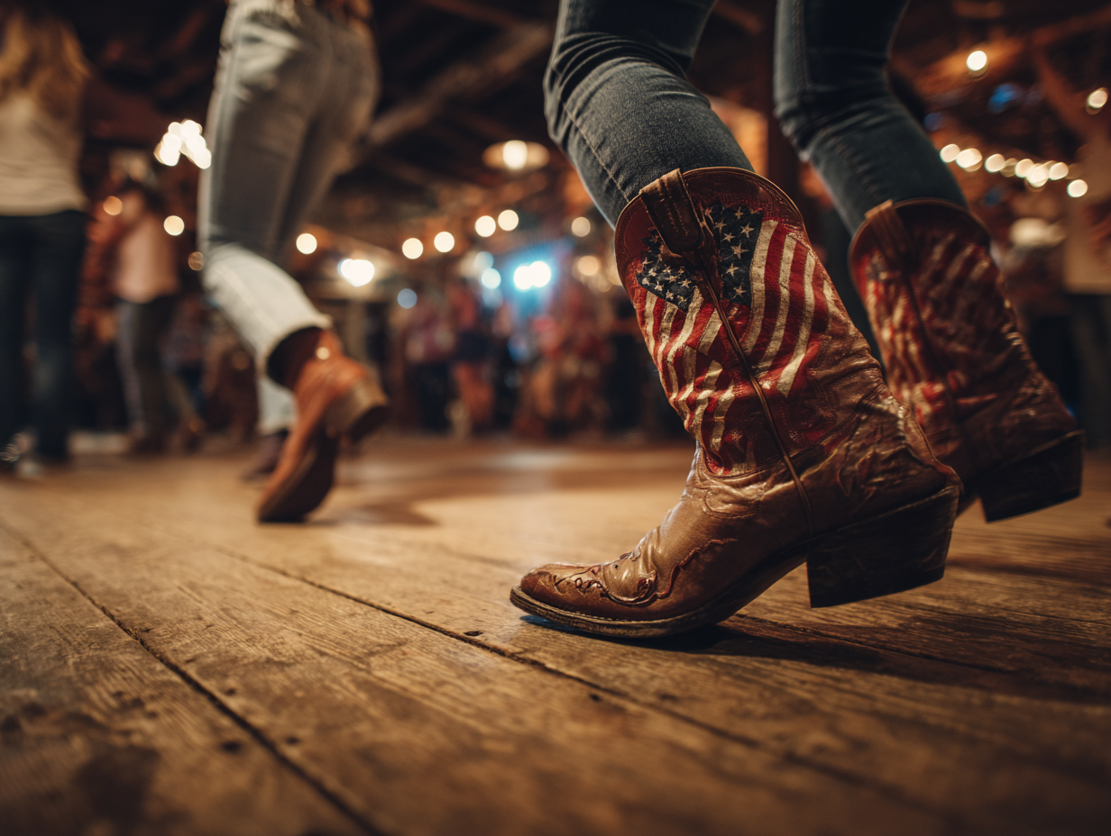 Close-up of person wearing cowboy boots with American flag design, dancing on a wooden floor at a country-themed event.