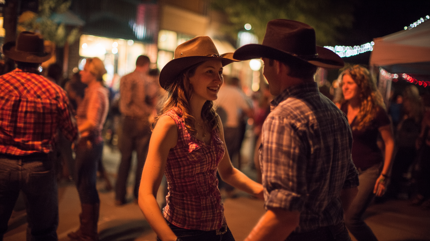 People dancing outdoors at night, wearing cowboy hats and plaid shirts, in a lively social event with string lights and a festive atmosphere.
